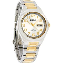 Pulsar Mens Silver Day/Date Dial Two Tone Dress Watch PXN153 New