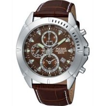 Pulsar Mens Sport Chronograph Brown Dial Leather Strap Watch #PF830