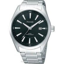 Pulsar Mens Watch Black Dial Silver-Tone Design 100M WR PXH859