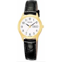 Pulsar PXU012 Women's Gold Tone Black Leather Strap White Dial Watch