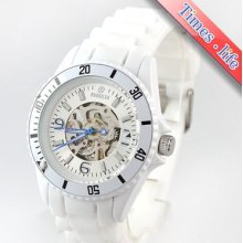 Pure White Automatic Watch Mens Women Lady Silica Gel Band Goer