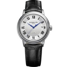 Raymond Weil Maestro 39mm Watch - Silver/Black Dial, Black Calf Leather 2837-STC-00659 Sale Authentic