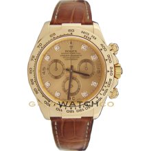 Rolex 40mm Brown Leather Strap 18K Yellow Gold Daytona Model 116518 Rolex Champagne Diamond Dial Manufactured in 2012