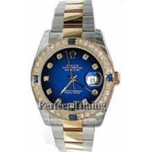 Rolex Datejust Men's Unused Heavy Oyster Band/Flip-Lock Clasp Model 116233 w/ Custom Blue Vignette Diamond Dial and Sapphire Diamond Channel Set Bezel