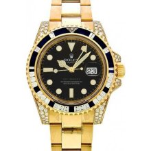 Rolex GMT Master II Yellow Gold Watch, Blue Sapphire/Diamond Bezel, Black Dial