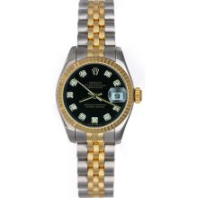Rolex Ladies 2-Tone Datejust Watch 179173 Factory Black Diamond Dial