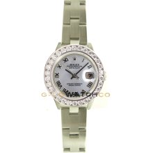 Rolex Ladys Stainless Steel Datejust Model 69174 Oyster Band Custom Added Mother Of Pearl Roman Dial & 2Ct Diamond Bezel