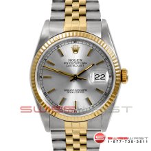 Rolex Mens 18K/SS Datejust 16013 w/ Silver Stick Dial - Fluted Bezel