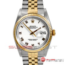 Rolex Mens 18K/SS Datejust 16013 w/ White Roman Dial - Fluted Bezel