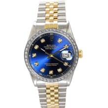 Rolex Men's Datejust Two Tone Custom Diamond Bezel & Blue Diamond Dial