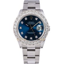 Rolex Mens New Style Heavy Band Stainless Steel Datejust Model 116200 Oyster Band Custom Added Blue Diamond Dial & 3.5Ct Diamond Bezel