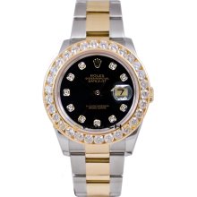 Rolex Mens New Style Heavy Band Stainless Steel & 18K Gold Datejust Model 116233 Oyster Band Custom Added Black Diamond Dial & 3.5Ct Diamond Bezel