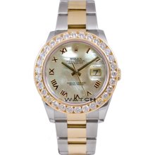 Rolex Mens New Style Heavy Band Stainless Steel & 18K Gold Datejust Model 116233 Oyster Band Custom Added Mother Of Pearl Roman Dial & 3.5Ct Diamond Bezel