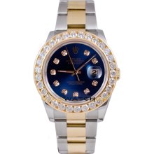 Rolex Mens New Style Heavy Band Stainless Steel & 18K Gold Datejust Model 116233 Oyster Band Custom Added Blue Diamond Dial & 3.5Ct Diamond Bezel