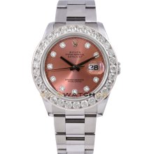 Rolex Mens New Style Heavy Band Stainless Steel Datejust Model 116200 Oyster Band Custom Added Salmon Diamond Dial & 3.5Ct Diamond Bezel