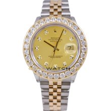 Rolex Mens Stainless Steel & 18K Gold Datejust Model 16233 Jubilee Band Custom Added Champagne Diamond Dial & 3.5Ct Diamond Bezel