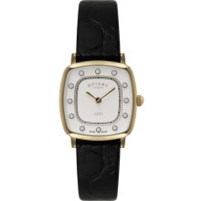 Rotary Ladies Gold Plated Black Leather Strap with White Dial Watch