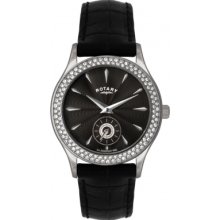 Rotary Women's Quartz Watch With Black Dial Analogue Display And Black Leather Strap Ls02908/04