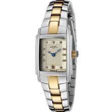 Rotary Women's Women's White Swarovski Crystal Champagne Textured Dial Two Tone