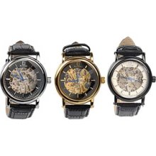 Round Steel Case Men's Mechanical Wrist Watch Leather Band