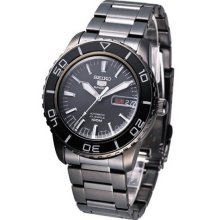 Seiko 5 Black Dial Black Stainless Steel Automatic Mens Watch SNZH59