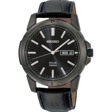 Seiko Black Dial Black Leather Band Solar Mens Watch SNE097