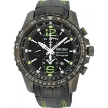 Seiko Chrongraph Sportura Aviator Black Leather Strap Mens Watch