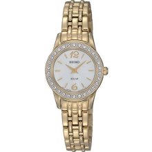 Seiko Ladies Gold Tone Stainless Steel Solar Quartz White Dial Swarovski Crystals SUP128