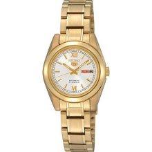 Seiko Ladies Seiko 5 Gold Tone Stainless Steel Case and Bracelet White DIal Day and Date SYMK30