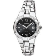 Seiko Ladies Solar Stainless Steel Case and Bracelet Black Dial Diamonds SUT067