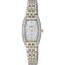 Seiko Ladies Two Tone Stainless Steel Case Solar Quartz Mother of Pearl Dial Swarovski Crystals SUP152