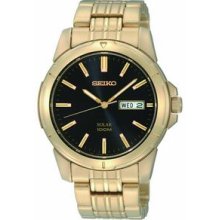 Seiko Men`s Gold Tone Solar Powered Watch W/Black Round Dial