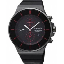 Seiko Men's Black Stainless Steel Case Rubber Strap Black Dial Chronograph Red Hour Markers SNDD61