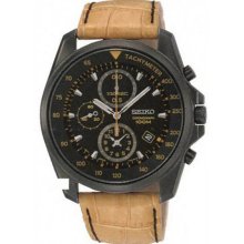 Seiko Men's Black Stainless Steel Case Leather Strap Black Dial Chronograph SNDD69