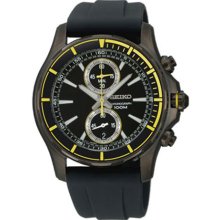 Seiko Men's Black Stainless Steel Quartz Chronograph Black Dial Yellow Bezel Strap SNN249