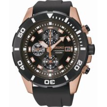 Seiko Men's Chronograph Stainless Steel Case Rubber Bracelet Black Dial Rose Gold Tone Accents SNDE04