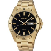 Seiko Men's Gold Tone Stainless Steel Case and Bracelet Black Tone Dial Day and Date SGGA86