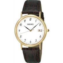 Seiko Men's Gold Tone Stainless Steel Case Dress White Dial Leather Strap SKK700