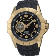 Seiko Men's Gold Tone Stainless Steel Case Rubber Strap Automatic Black Dial SSA076