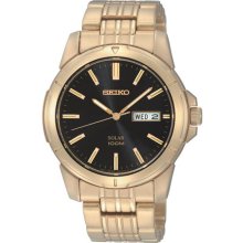 Seiko Men's Gold Tone Stainless Steel Solar Quartz Link Bracelet Black Dial SNE100