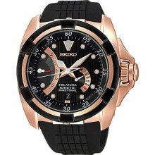 Seiko Men's Rose Gold Tone Velatura Kinetic Direct Drive Black Dial Strap SRH006