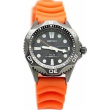 Seiko Mens Solar Alarm Analog Stainless Watch - Orange Rubber Strap - Black Dial - SNE245