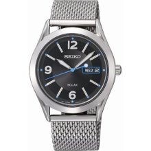 Seiko Men's Solar Stainless Steel Case and Mesh Bracelet Black Dial Day and Date SNE233