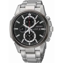 Seiko Men's Solar Stainless Steel Case and Bracelet Chronograph Black Dial Alarm SSC087