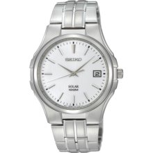 Seiko Men's Solar Stainless Steel Case and Bracelet White Dial Date Displays SNE131