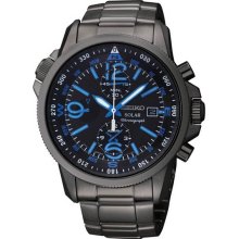 Seiko Men's Solar Stainless Steel Case and Bracelet Chronograph Black Dial Blue Hour Markers SSC079