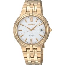 Seiko Mens Solar Stainless Watch - Gold Bracelet - White Dial - SNE030