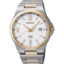 Seiko Mens Solar Two-Tone Date Watch White Dial Bracelet SNE210