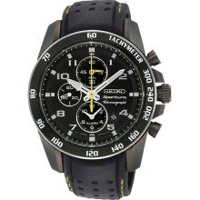 Seiko Men's Sportura Alarm Chronograph Black Dial Vented Leather Strap SNAE67