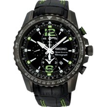 Seiko Men's Sportura Stainless Steel Case Alarm Chronograph Black Dial Leather Strap SNAE97